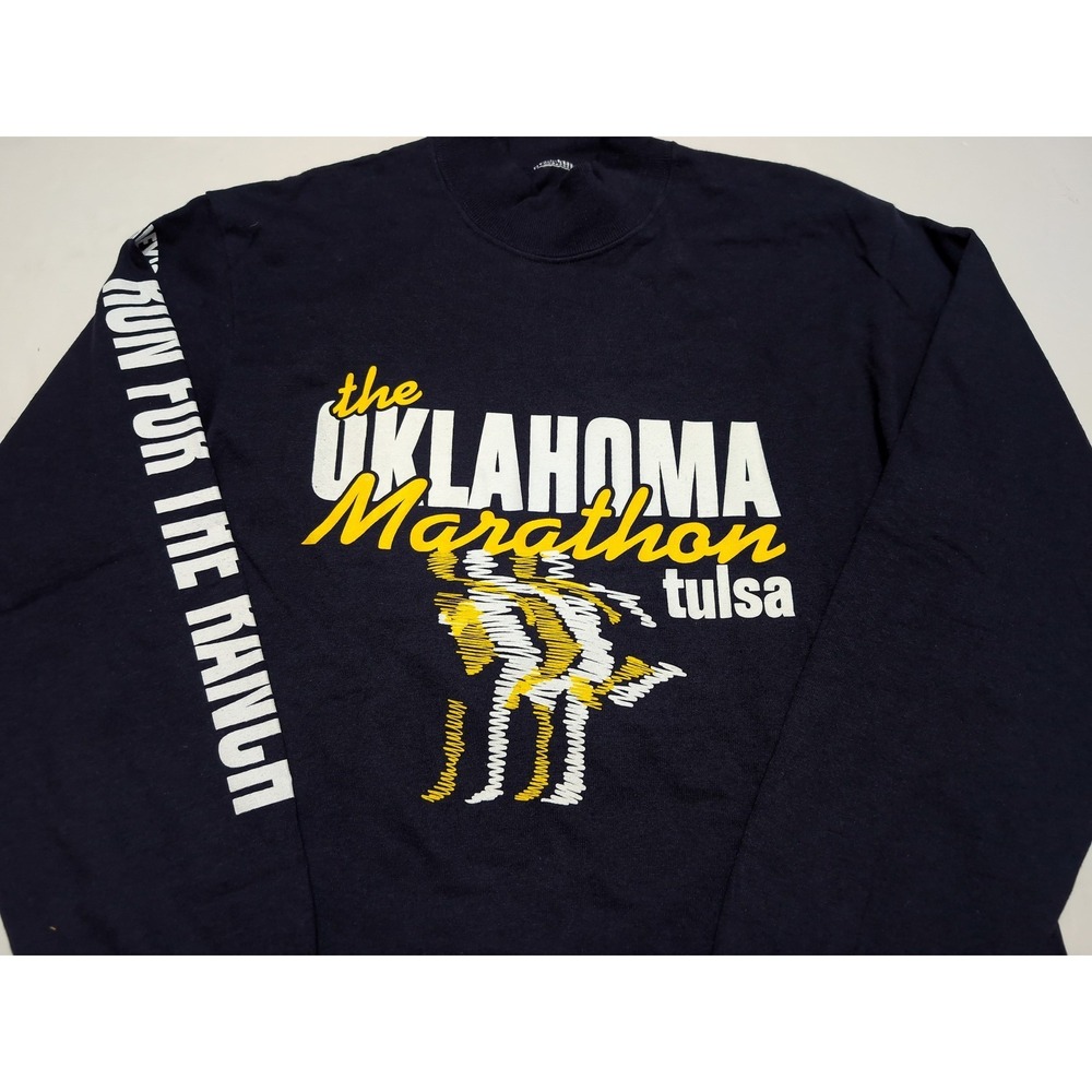 Vintage Oklahoma Marathon Tulsa Long Sleeve T-Shirt Mock Neck Heavy Medium M - Picture 6 of 7